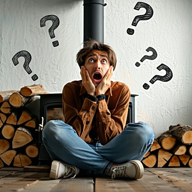 a person who is confused and questioning an issue with their woodburning stove There are visible question makrs in the air around them